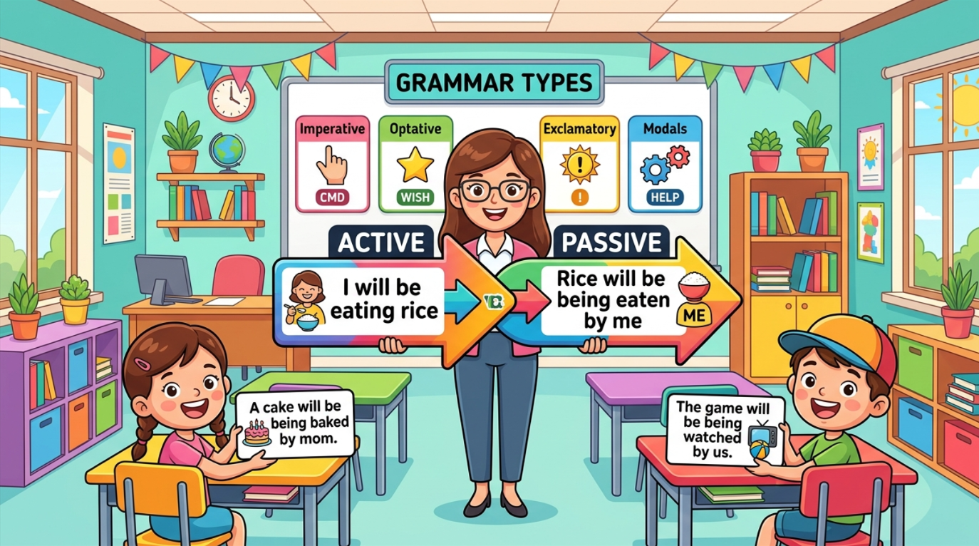 Kids learning Active-Passive of Future Continuous Tense with all sentence types and modals in English grammar with Bangla meanings and pronunciation in a colorful classroom illustration.