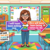 Kids learning Active-Passive of Future Perfect Continuous Tense with all sentence types and modals in English grammar with Bangla meanings and pronunciation in a colorful classroom illustration.