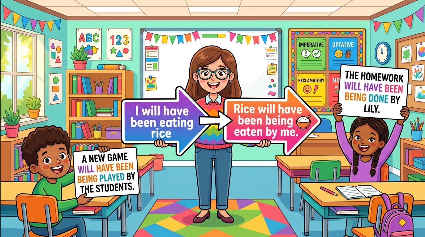 Kids learning Active-Passive of Future Perfect Continuous Tense with all sentence types and modals in English grammar with Bangla meanings and pronunciation in a colorful classroom illustration.