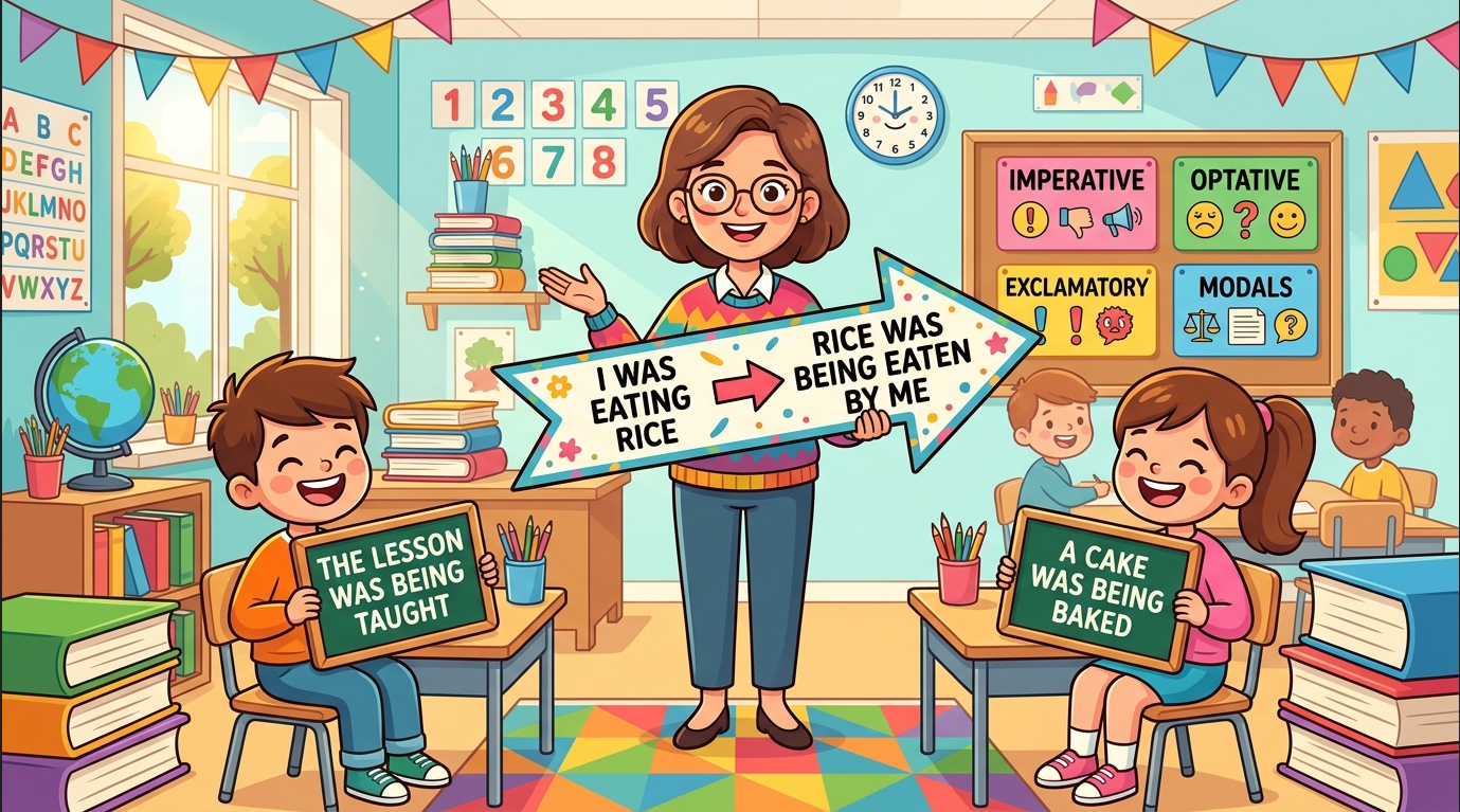 Kids learning Active-Passive of Past Continuous Tense with all sentence types and modals in English grammar with Bangla meanings and pronunciation in a colorful classroom illustration.