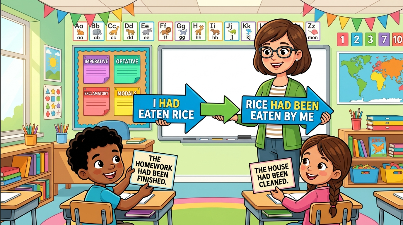 Kids learning Active-Passive of Past Perfect Tense with all sentence types and modals in English grammar with Bangla meanings and pronunciation in a colorful classroom illustration.