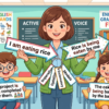 Kids learning Active-Passive of Present Continuous Tense with all sentence types and modals in English grammar with Bangla meanings and pronunciation in a colorful classroom illustration.
