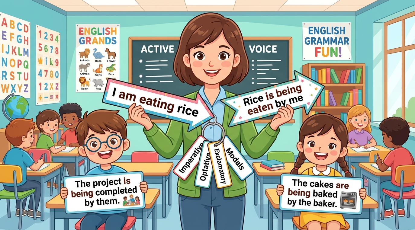 Kids learning Active-Passive of Present Continuous Tense with all sentence types and modals in English grammar with Bangla meanings and pronunciation in a colorful classroom illustration.