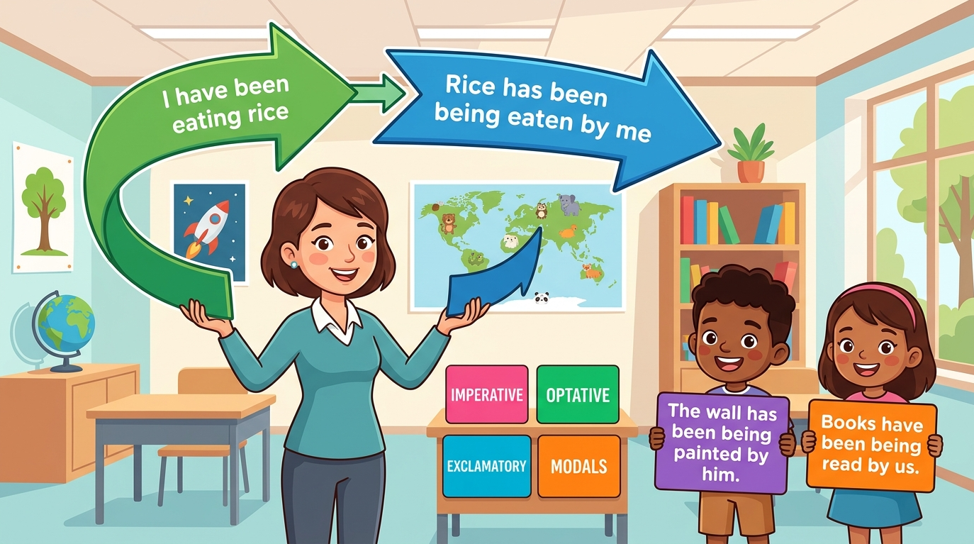 Kids learning Active-Passive of Present Perfect Continuous Tense with all sentence types and modals in English grammar with Bangla meanings and pronunciation in a colorful classroom illustration.