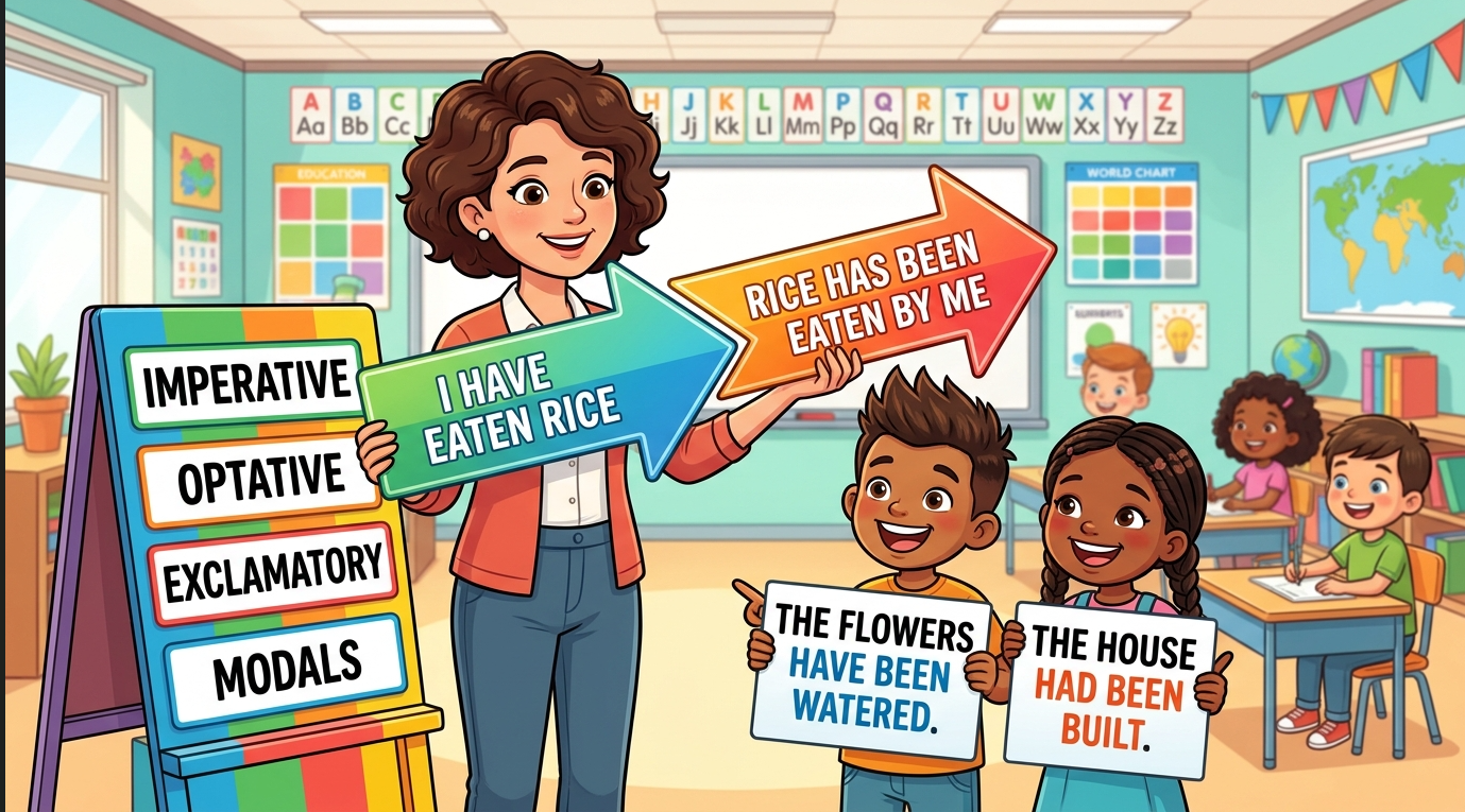 Kids learning Active-Passive of Present Perfect Tense with all sentence types and modals in English grammar with Bangla meanings and pronunciation in a colorful classroom illustration.