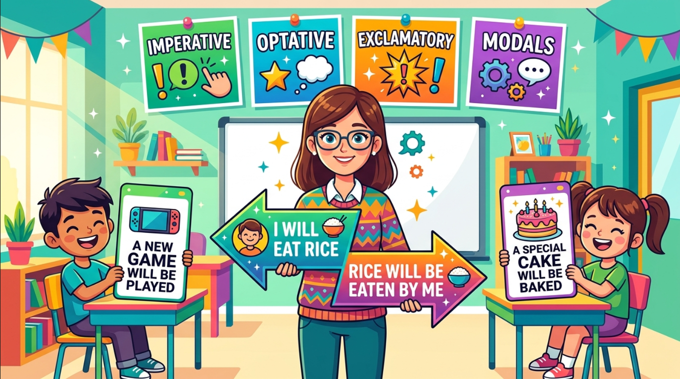 Kids learning Active-Passive of Simple Future Tense with all sentence types and modals in English grammar with Bangla meanings and pronunciation in a colorful classroom illustration.