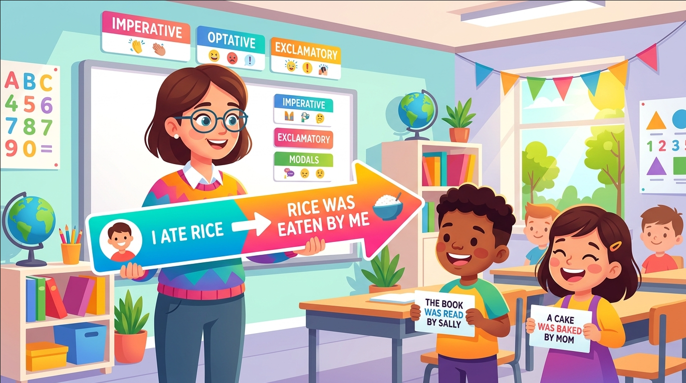 Kids learning Active-Passive of Simple Past Tense with all sentence types and modals in English grammar with Bangla meanings and pronunciation in a colorful classroom illustration.