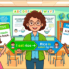 Kids learning Active-Passive of Simple Present Tense in English grammar with Bangla meanings and pronunciation in a colorful classroom illustration.