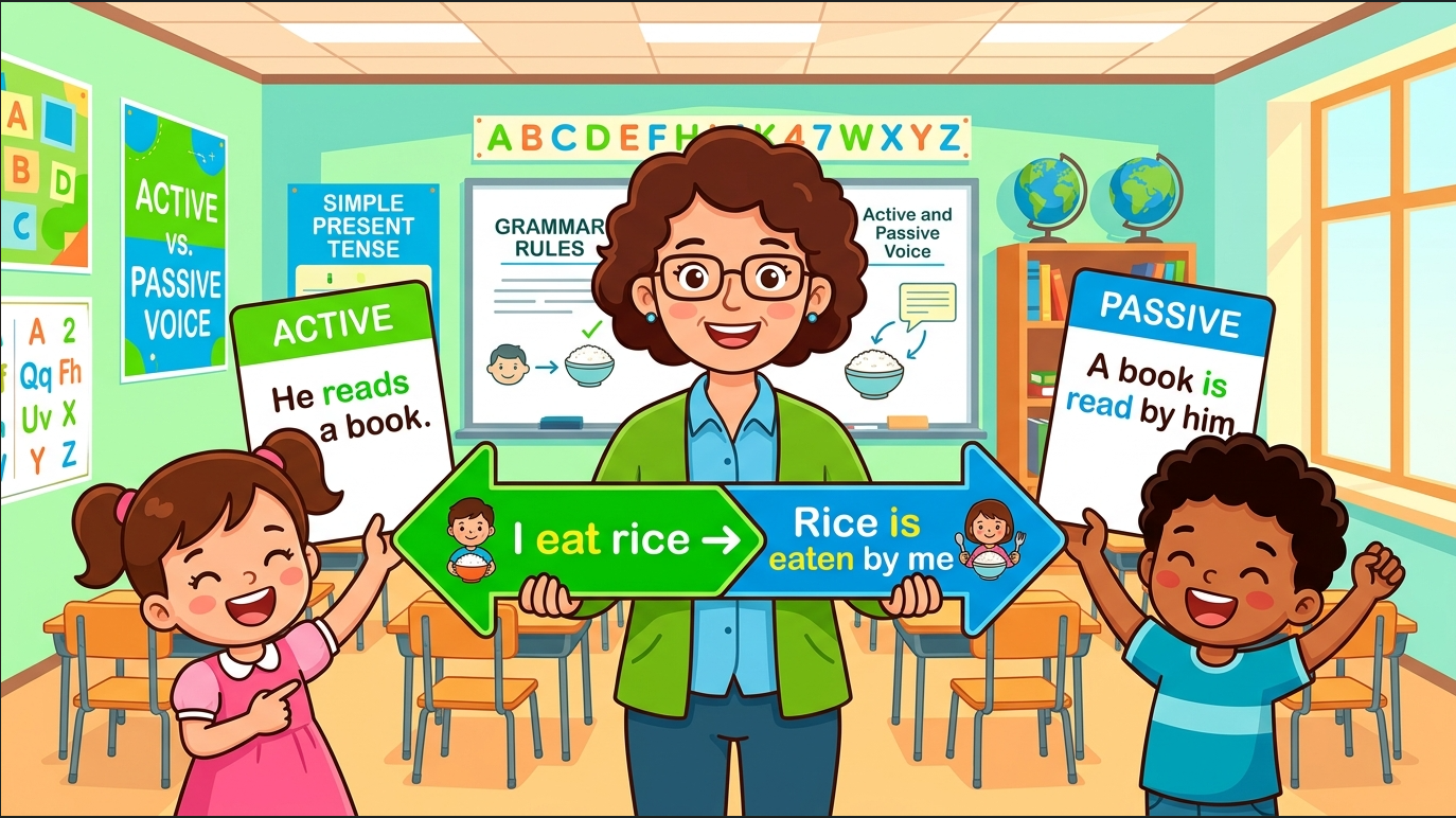 Kids learning Active-Passive of Simple Present Tense in English grammar with Bangla meanings and pronunciation in a colorful classroom illustration.