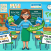 Kids learning Active and Passive Voice in English grammar with Bangla meanings and pronunciation in a colorful classroom illustration.