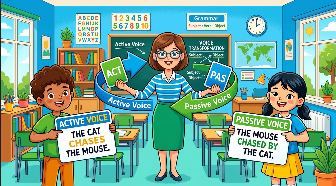 Kids learning Active and Passive Voice in English grammar with Bangla meanings and pronunciation in a colorful classroom illustration.