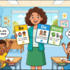 Kids learning Basic Auxiliary Verbs in English grammar with Bangla meanings and pronunciation in a colorful classroom illustration.