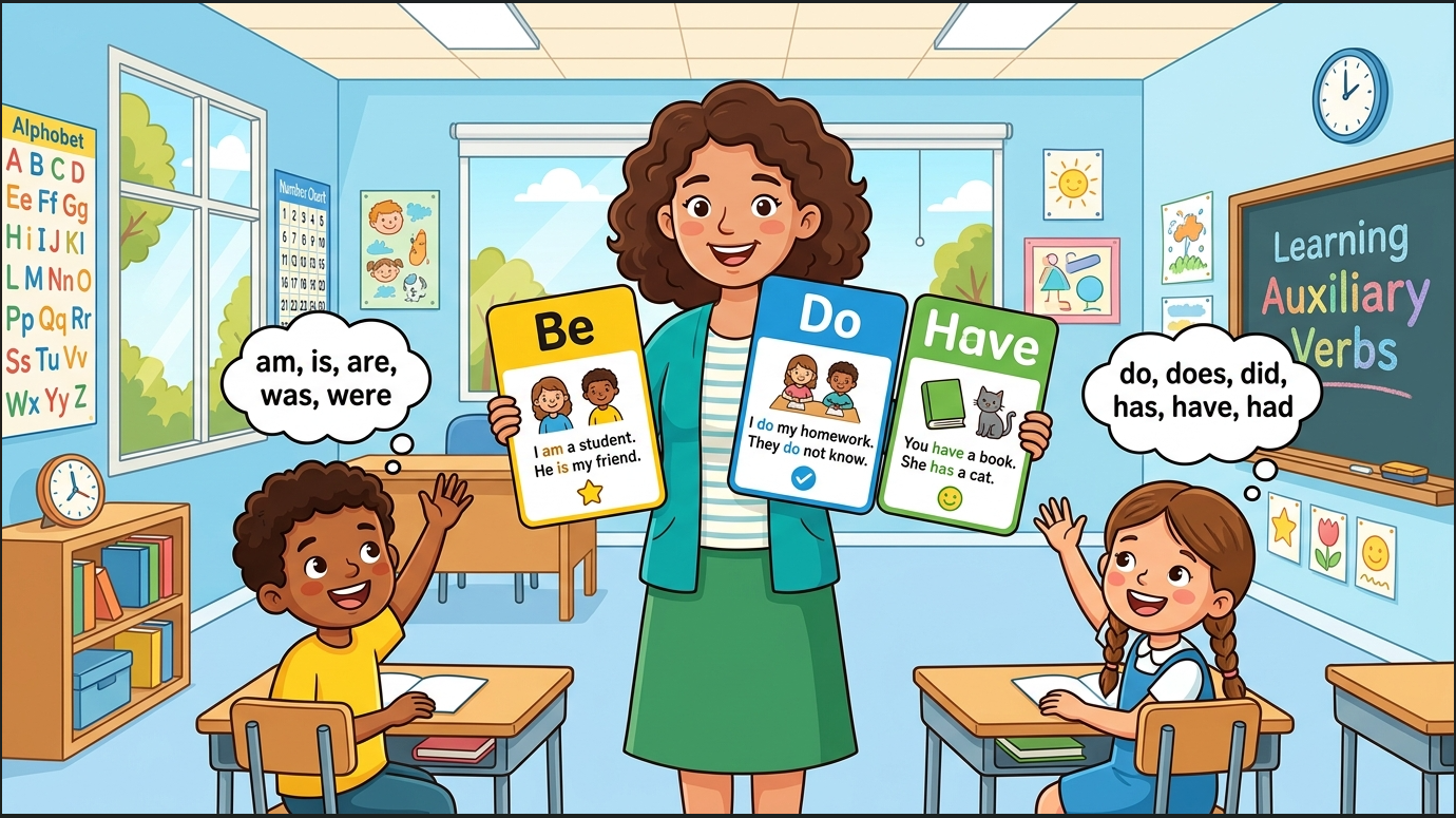 Kids learning Basic Auxiliary Verbs in English grammar with Bangla meanings and pronunciation in a colorful classroom illustration.