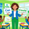Kids learning Can and Could with all possible meanings in English grammar with Bangla meanings and pronunciation in a colorful classroom illustration.