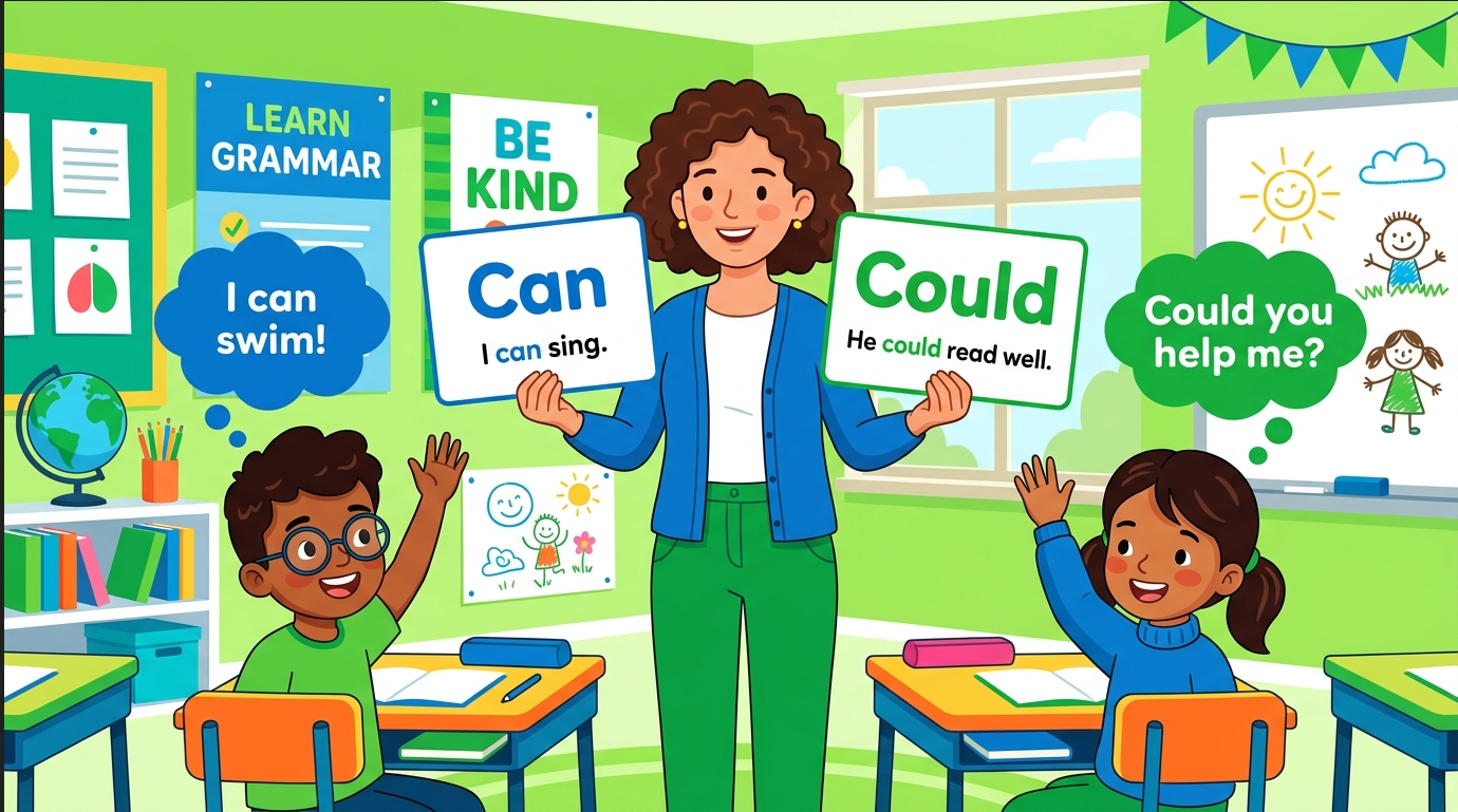 Kids learning Can and Could with all possible meanings in English grammar with Bangla meanings and pronunciation in a colorful classroom illustration.