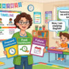 Kids learning Comparison of Present, Past and Future Continuous Tense in English grammar with Bangla meanings and pronunciation in a colorful classroom illustration.