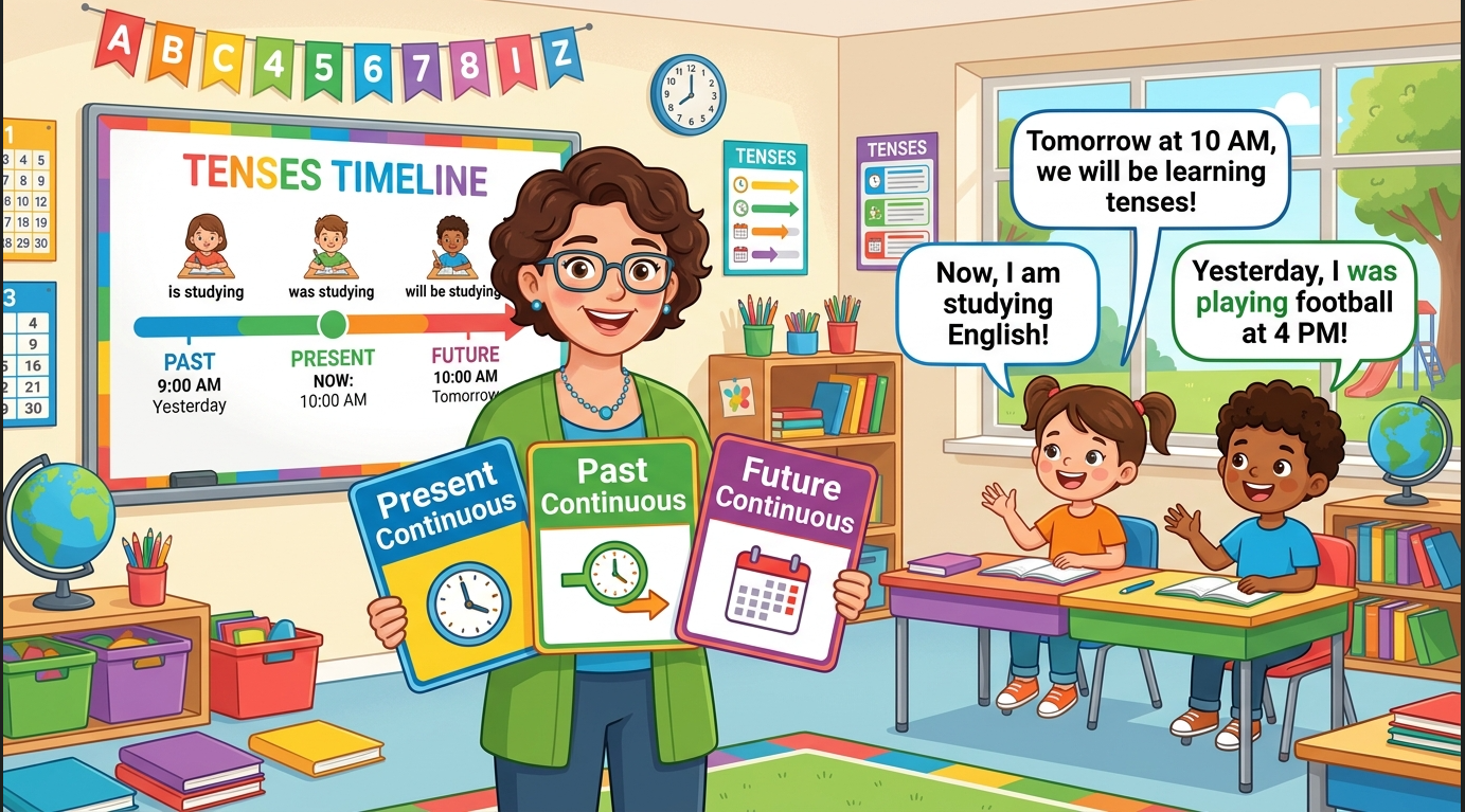 Kids learning Comparison of Present, Past and Future Continuous Tense in English grammar with Bangla meanings and pronunciation in a colorful classroom illustration.