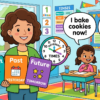 Kids learning Comparison of Present, Past and Future Indefinite Tense in English grammar with Bangla meanings and pronunciation in a colorful classroom illustration.