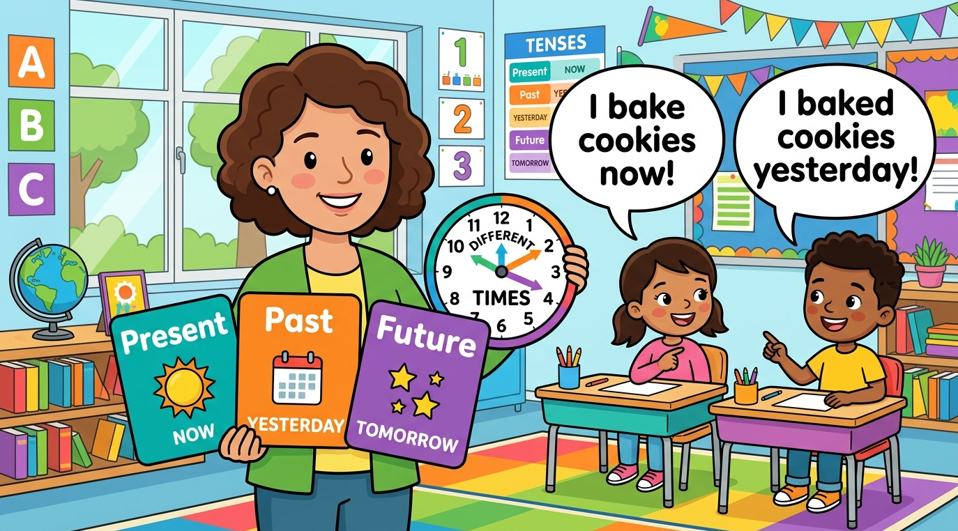 Kids learning Comparison of Present, Past and Future Indefinite Tense in English grammar with Bangla meanings and pronunciation in a colorful classroom illustration.