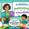 Kids learning Comparison of Present, Past and Future Perfect Continuous Tense in English grammar with Bangla meanings and pronunciation in a colorful classroom illustration.