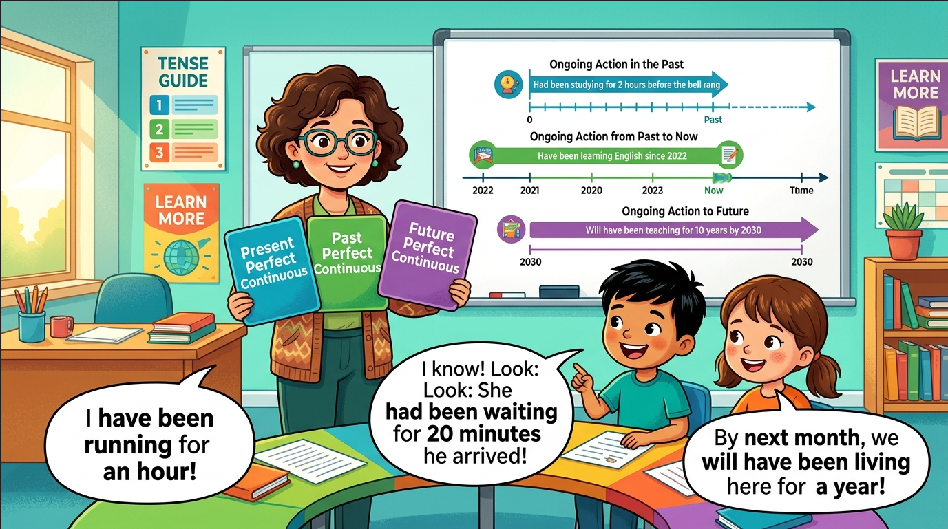 Kids learning Comparison of Present, Past and Future Perfect Continuous Tense in English grammar with Bangla meanings and pronunciation in a colorful classroom illustration.
