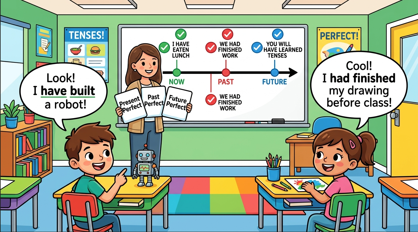 Kids learning Comparison of Present, Past and Future Perfect Tense in English grammar with Bangla meanings and pronunciation in a colorful classroom illustration.
