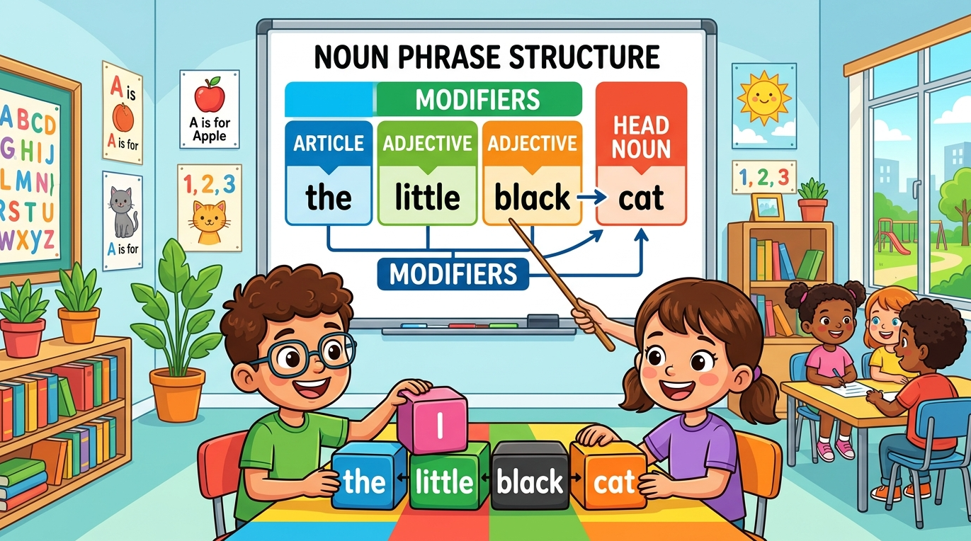 Kids learning Details about Noun Phrase and Modifiers in English grammar with Bangla meanings and pronunciation in a colorful classroom illustration.