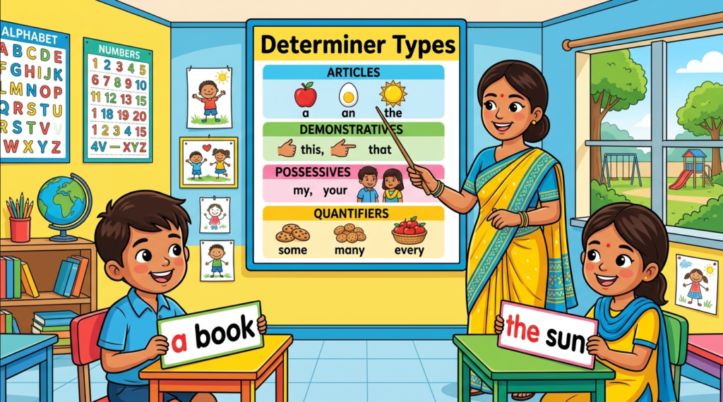 Kids learning Determiner in Details in English grammar with Bangla meanings and pronunciation in a colorful classroom illustration.