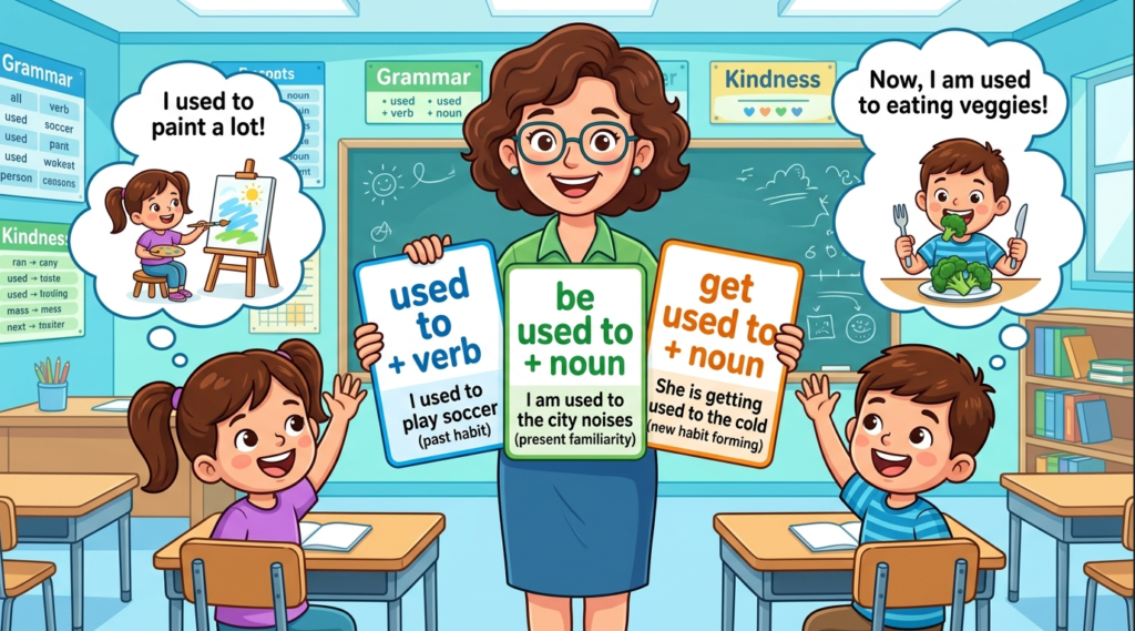 Kids learning Different Use of Used To in English grammar with Bangla meanings and pronunciation in a colorful classroom illustration.