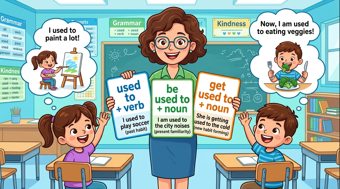 Kids learning Different Use of Used To in English grammar with Bangla meanings and pronunciation in a colorful classroom illustration.