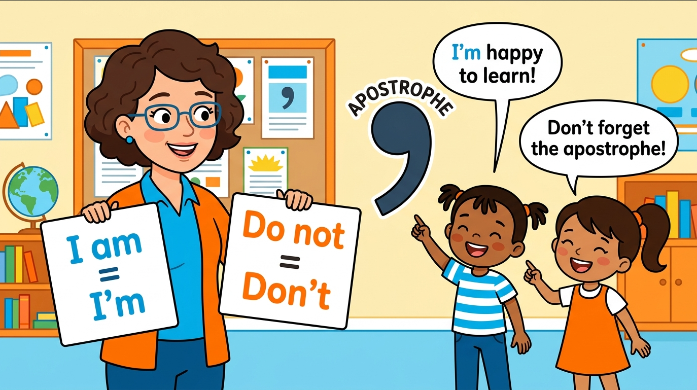 Kids learning Full Form and Short FormContraction with Bangla pronunciation in English grammar in a colorful classroom illustration.