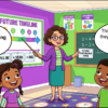 Kids learning Future Continuous Tense in English grammar with Bangla meanings and pronunciation in a colorful classroom illustration.