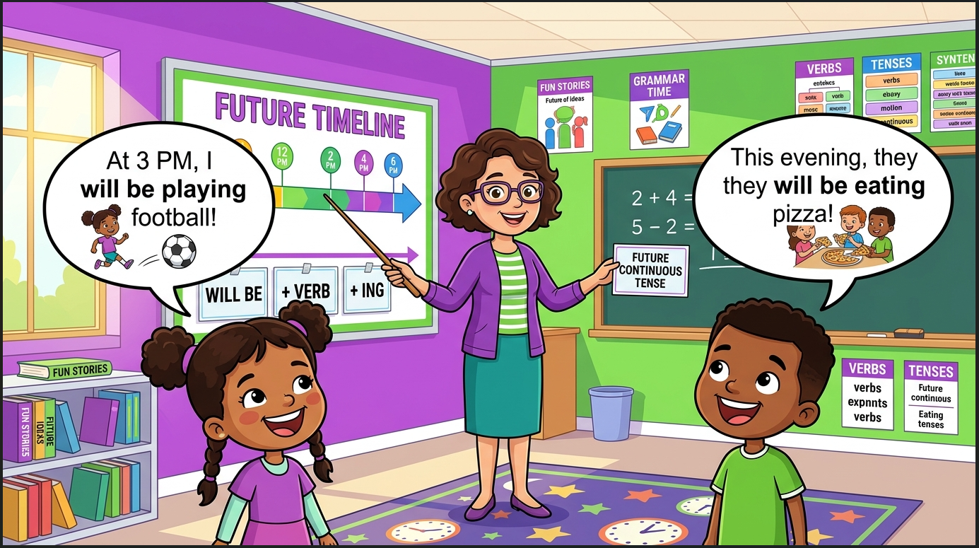 Kids learning Future Continuous Tense in English grammar with Bangla meanings and pronunciation in a colorful classroom illustration.