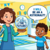 Kids learning Future Indefinite Tense in English grammar with Bangla meanings and pronunciation in a colorful classroom illustration.