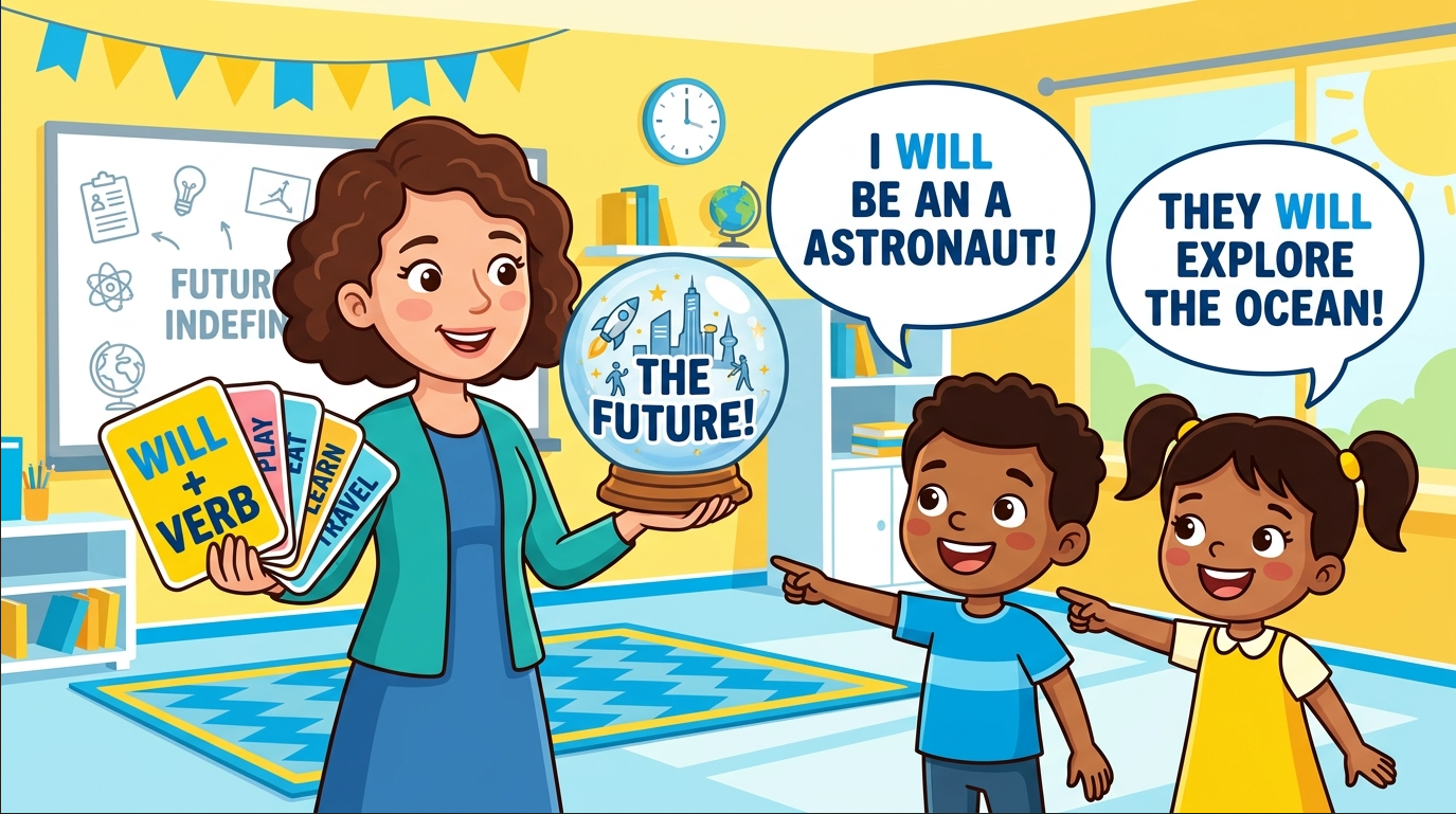Kids learning Future Indefinite Tense in English grammar with Bangla meanings and pronunciation in a colorful classroom illustration.