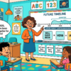 Kids learning Future Perfect Continuous Tense in English grammar with Bangla meanings and pronunciation in a colorful classroom illustration