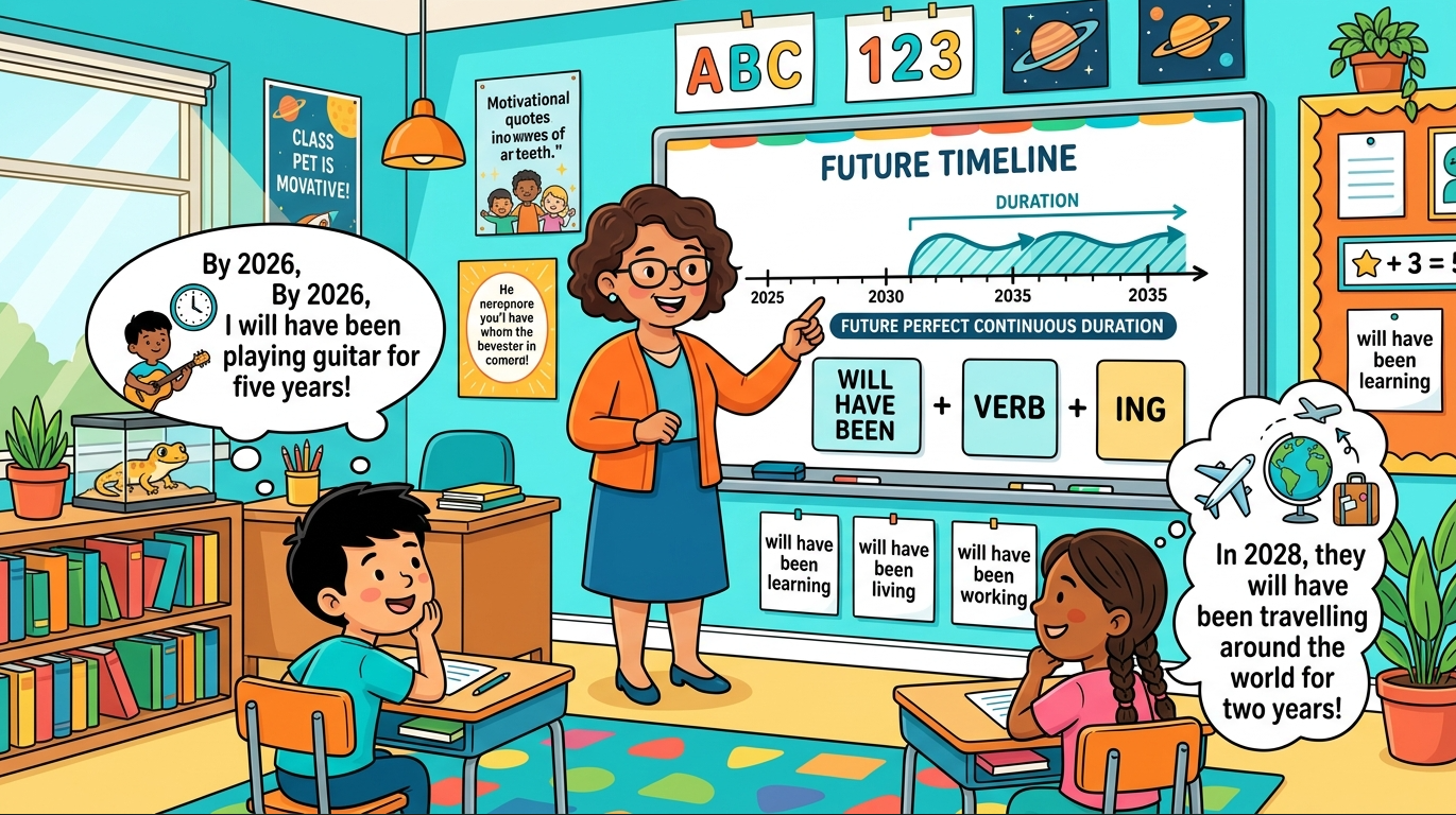 Kids learning Future Perfect Continuous Tense in English grammar with Bangla meanings and pronunciation in a colorful classroom illustration