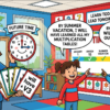 Kids learning Future Perfect Tense in English grammar with Bangla meanings and pronunciation in a colorful classroom illustration.