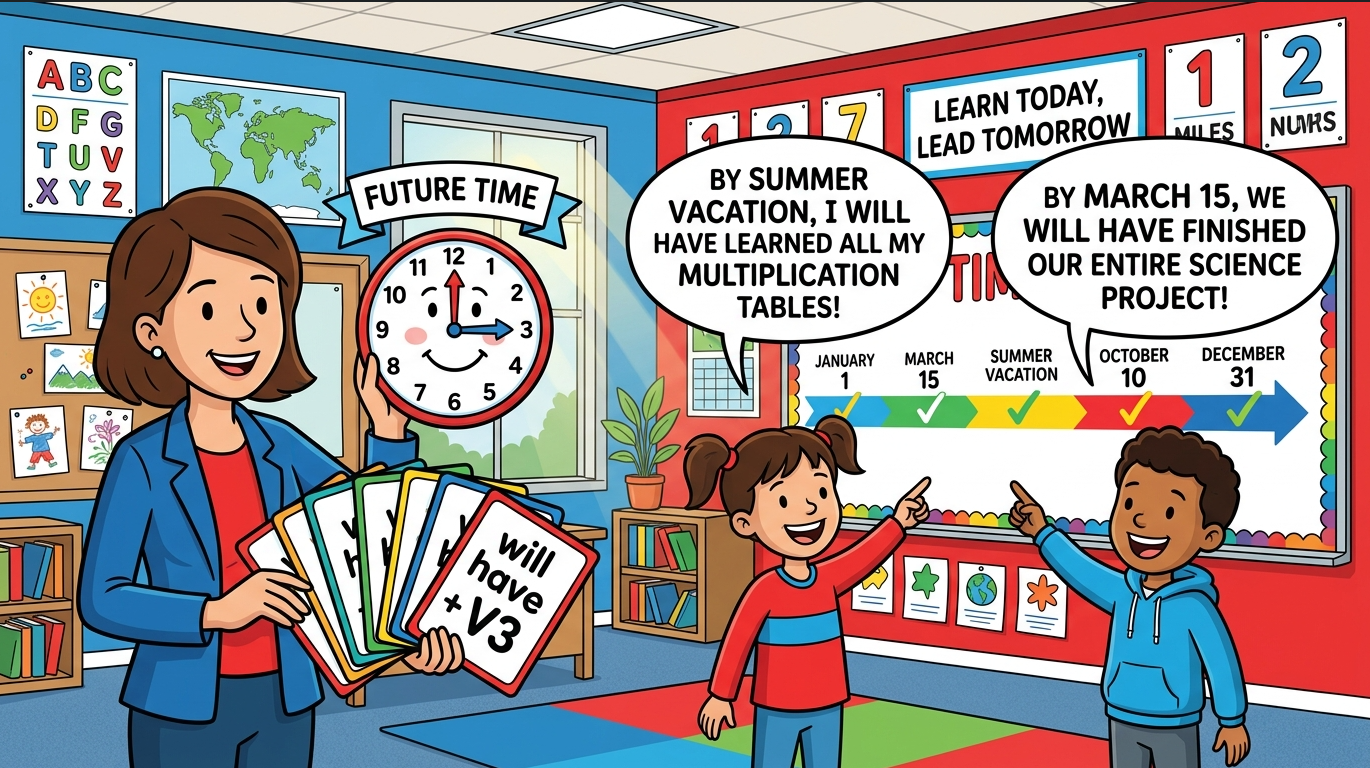 Kids learning Future Perfect Tense in English grammar with Bangla meanings and pronunciation in a colorful classroom illustration.
