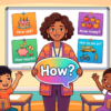 Kids learning How questions in English grammar with Bangla meanings and probable answers in a colorful classroom illustration.