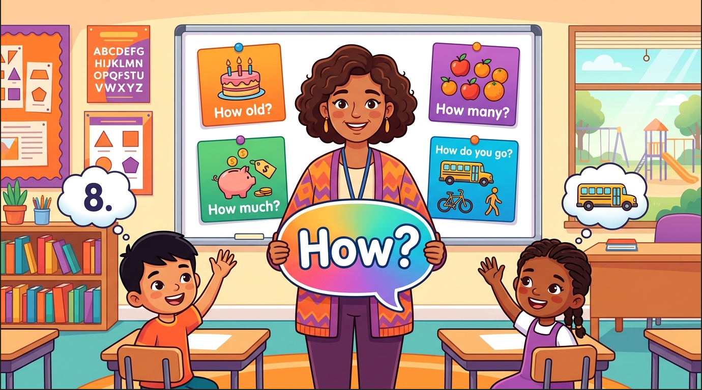 Kids learning How questions in English grammar with Bangla meanings and probable answers in a colorful classroom illustration.