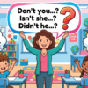 Kids learning How to Make Interrogative-Negative Sentences in English grammar with Bangla meanings and pronunciation in a colorful classroom illustration.