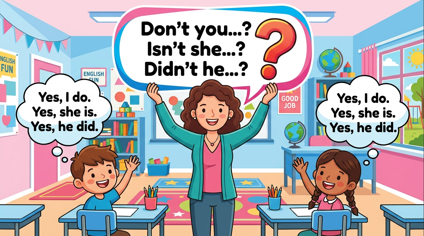 Kids learning How to Make Interrogative-Negative Sentences in English grammar with Bangla meanings and pronunciation in a colorful classroom illustration.