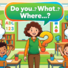 Kids learning How to Make Interrogative Sentences in English grammar with Bangla meanings and pronunciation in a colorful classroom illustration.