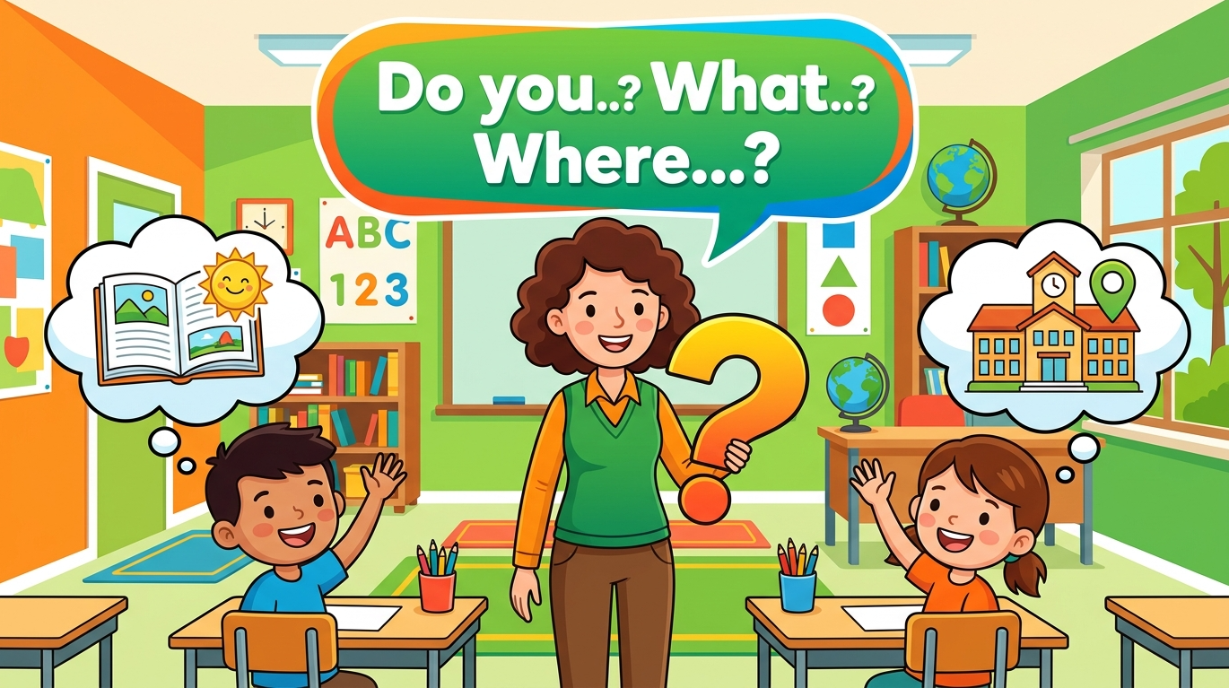 Kids learning How to Make Interrogative Sentences in English grammar with Bangla meanings and pronunciation in a colorful classroom illustration.