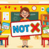 Kids learning How to Make Negative Sentences in English grammar with Bangla meanings and pronunciation in a colorful classroom illustration.