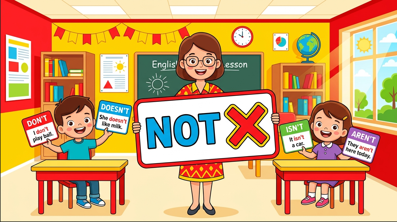 Kids learning How to Make Negative Sentences in English grammar with Bangla meanings and pronunciation in a colorful classroom illustration.