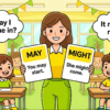 Kids learning May and Might with different meanings in English grammar with Bangla meanings and pronunciation in a colorful classroom illustration.