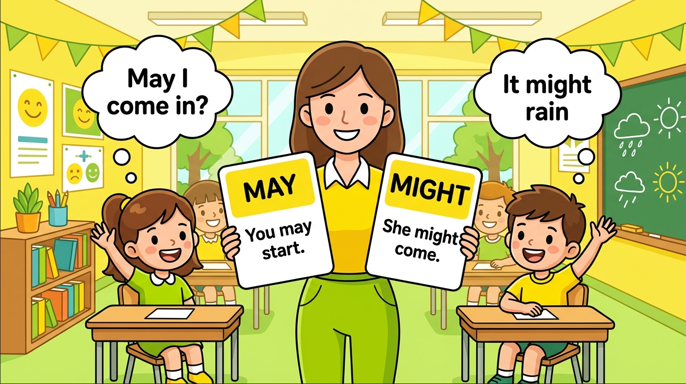 Kids learning May and Might with different meanings in English grammar with Bangla meanings and pronunciation in a colorful classroom illustration.