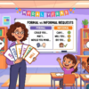Kids learning Modal Auxiliary Verb and rules with formal and informal inner meanings in English grammar with Bangla meanings and pronunciation in a colorful classroom illustration.